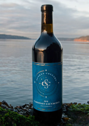 Bottle of Sunken Cellar's cabernet sauvignon underwater aged in front of the ocean